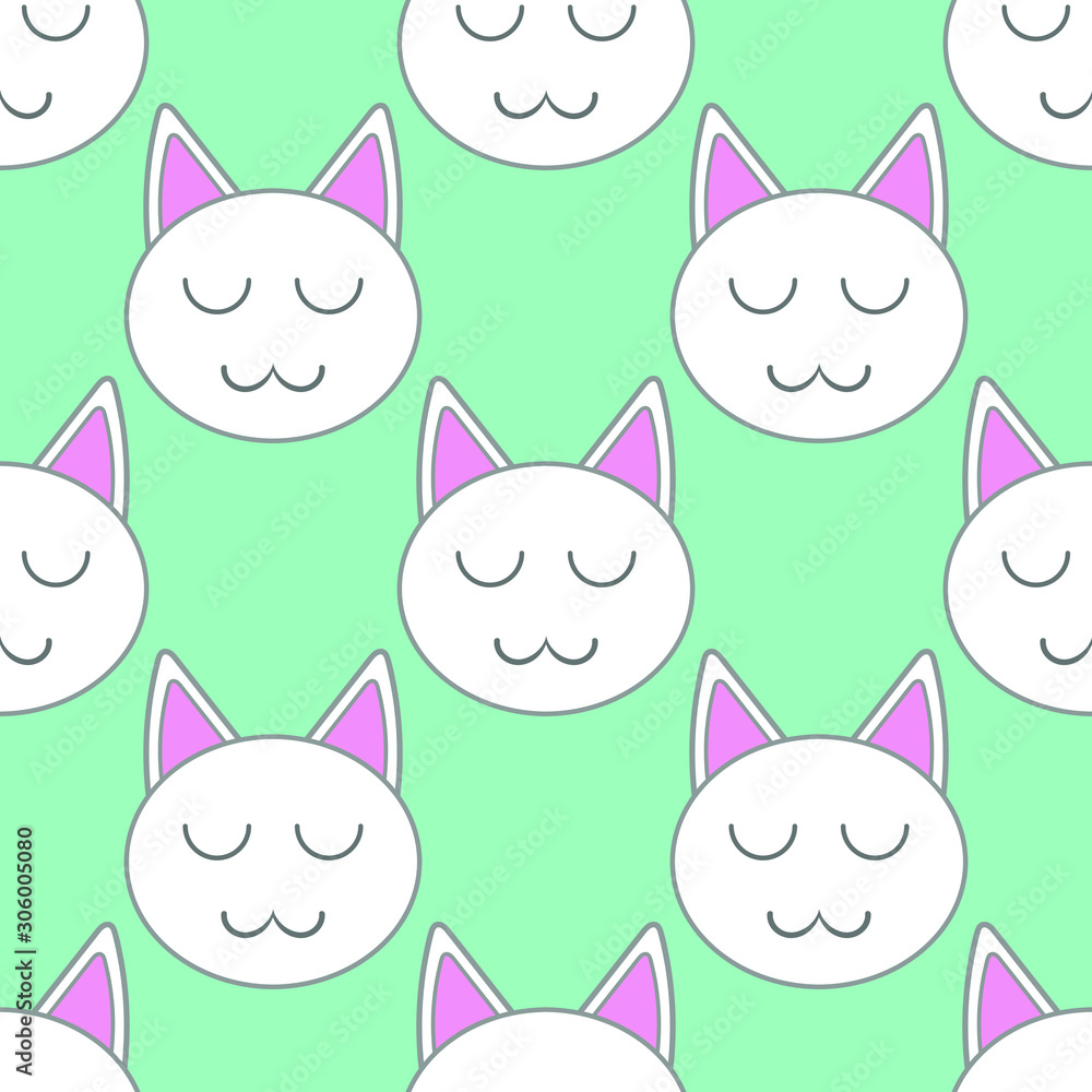 Fototapeta premium Vector seamless pattern of cute cat face cartoon style, on mint background. Design for kids, fabric, textile, scrapbooking, stikers etc.