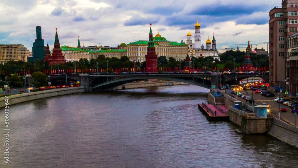Moscow city. Russia. Kremlin and Moscow river. Changing from day to night. 4K time lapse Moscow city. Russia. Kremlin and Moscow river. Changing from day to night. 4K time lapse