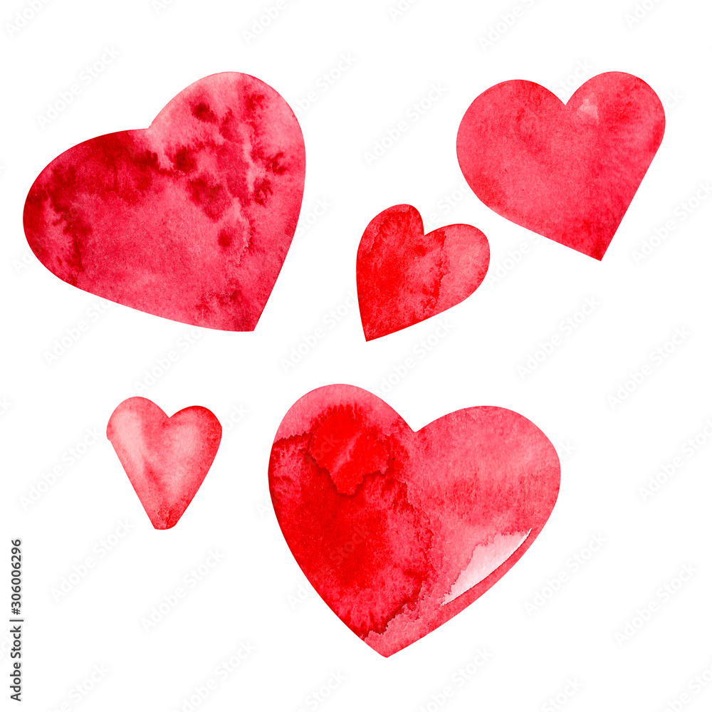 Set abstract hand drawn watercolor red hearts isolated on white background