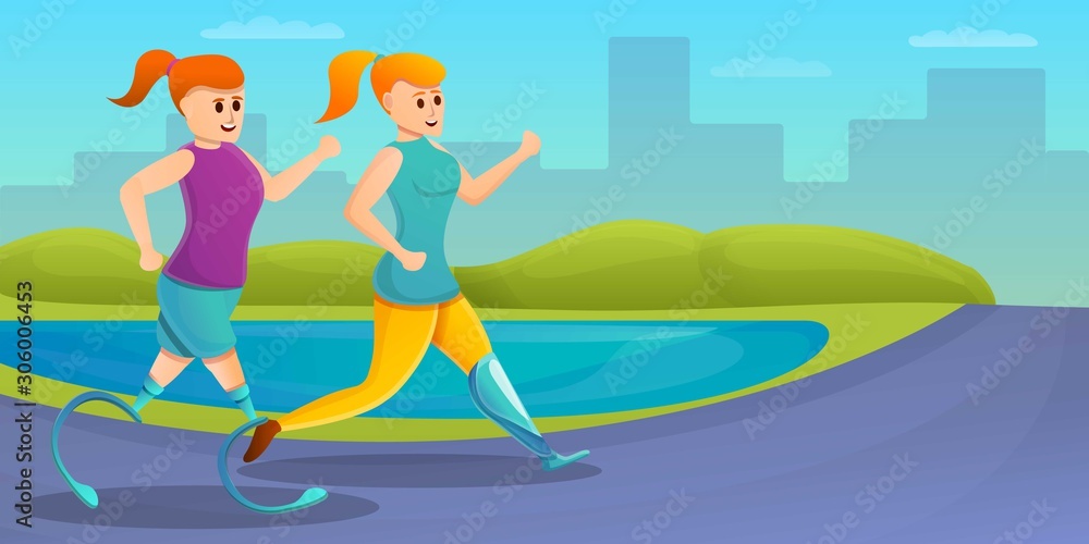 Girl running artificial limbs concept banner. Cartoon illustration of girl running artificial limbs vector concept banner for web design