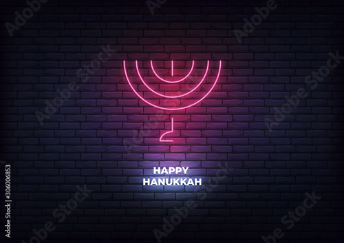Happy Hannukah. Menorah neon sign. Glowing decoration for Jewish Chanukkah holiday