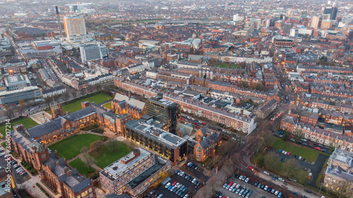 Aerial view buildings in City center of Belfast Northern Ireland. Drone photo, high angle view of town