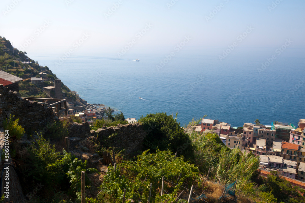 Monterosso a village from the cinque terre with its houses the sea and some boats
