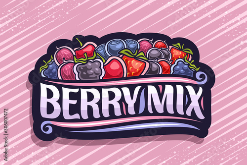 Vector logo for Berry Mix, black decorative badge with illustration of pile various berries and design flourishes, concept with original brush typeface for words berry mix on red striped background.
