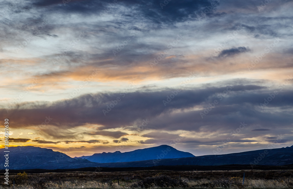 Iceland, autumn, sunset, Typical Icelandic scenery during sunset.
