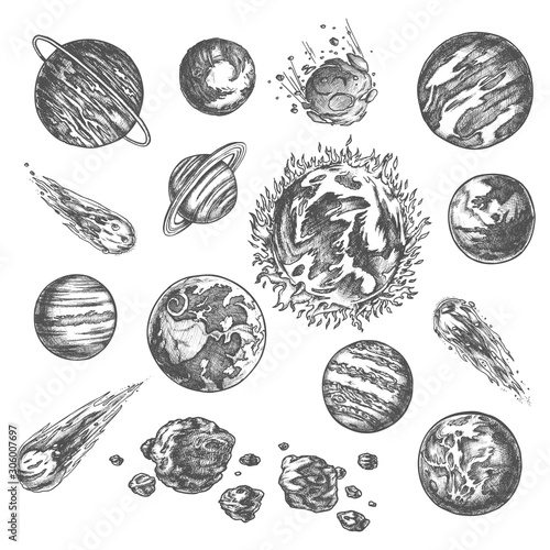 Solar system planets ans asteroids, pencil sketch
