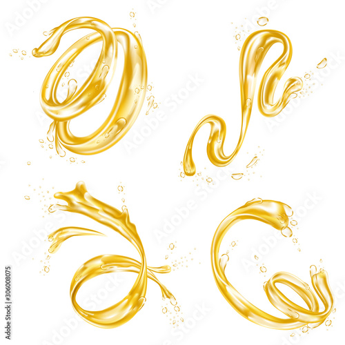 Yellow liquid splash wave, oil or juice drops flow