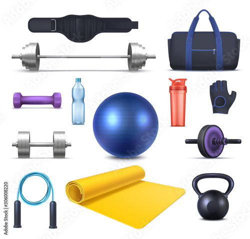 Fitness club equipment and gym garments icons
