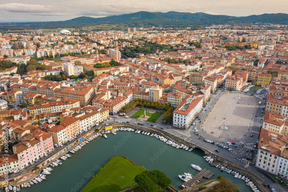 aerial view from drone to channels and central square in Livorno in Tuscany in Italy