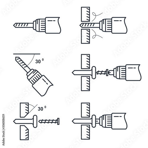 Hole drilling icon - set of drill tools and process of perforation, tightening of screws guide