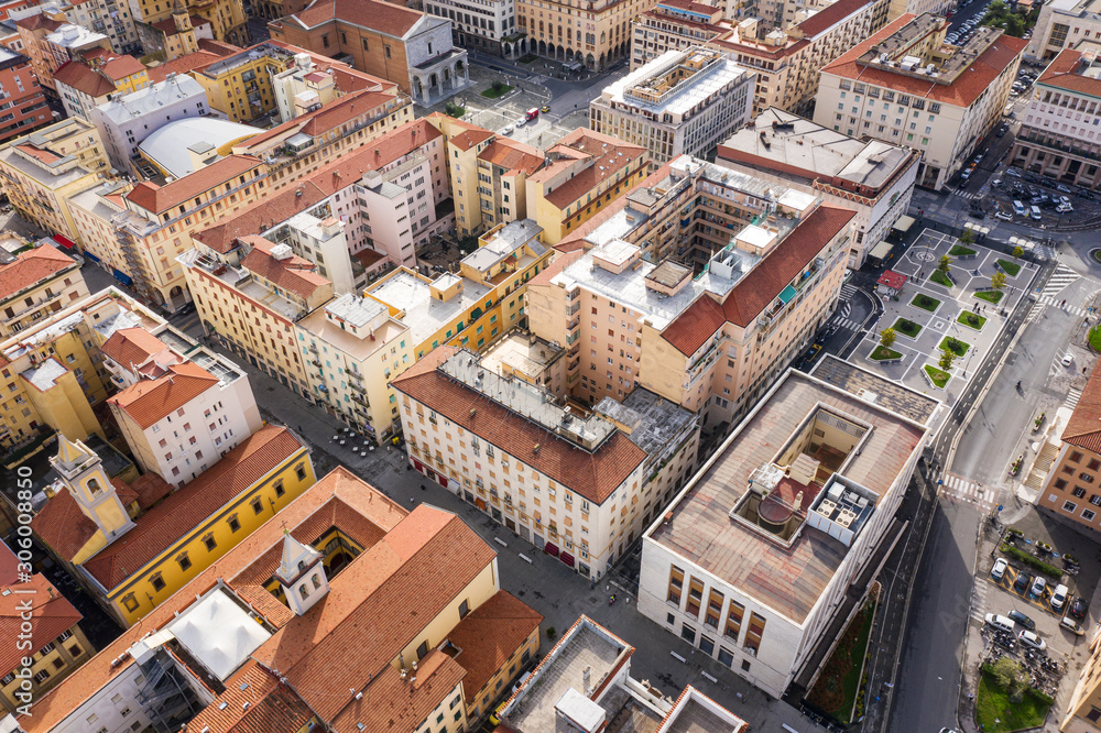 aerial view from drone to streets and houses in Livorno in Tuscany in Italy