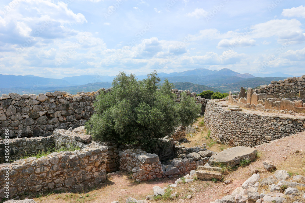 Ruins of acropolis in ancient greek city Mycenae Peloponnese Greece