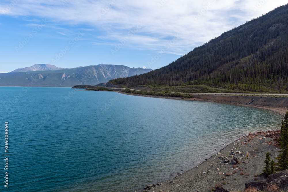 The Alaska Highway passes along the shoreline of Lake Kluane in Yukon, Canada
