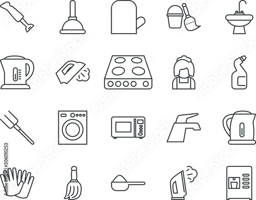 household vector icon set such as: bleach, duster, remove, dirty, meal, agents, new, immersion, culinary, up, old, potholder, burner, wc, frame, closeup, measuring, packaging, stock, thin, dust