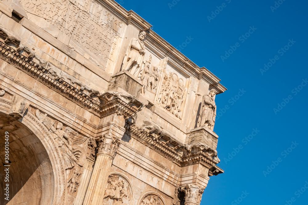 Detail of Arch of Constantine or Arco di Costantino or Triumphal arch in Rome, near Coliseum. Detail of Arch of Constantine or Arco di Costantino or Triumphal arch in Rome, near Coliseum.