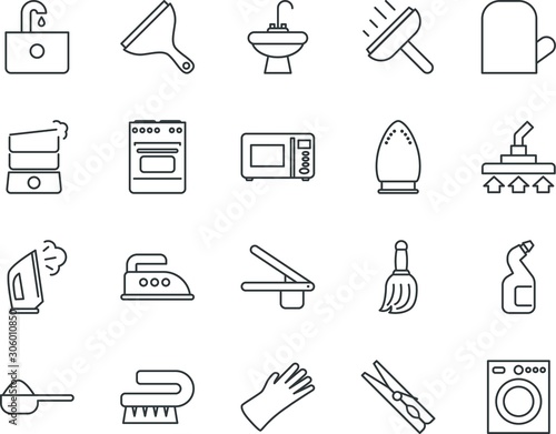 household vector icon set such as: potholder, hang, sewer, clamp, head, circle, neat, gloves, agent, raw, new, draw, peg, shower, sweep, powder, style, rubber, upright, mitt, spice, fire, packaging