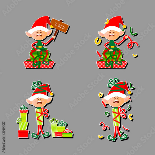 Set of Christmas stickers Elf tired. Funny cartoon character. A fabulous creature sits on gifts, holds a tablet. A little fairy in a green costume and hat is surrounded by colorful gifts and ribbons