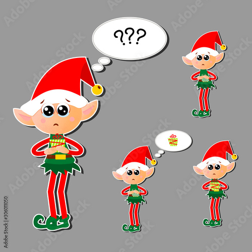 Set of Christmas stickers. Elf begs. Funny cartoon character with sad eyes. A fairy creature hopes to receive a gift. A little fairy in a green suit and hat holds a sock or box with a bow.