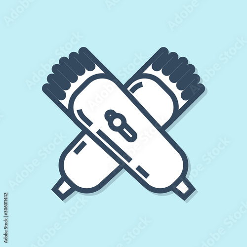 Blue line Crossed electrical hair clipper or shaver icon isolated on blue background. Barbershop symbol.  Vector Illustration