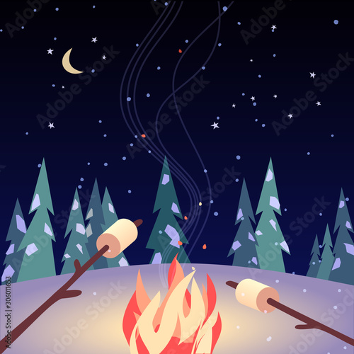 Marshmallow roast on winter campfire vector poster
