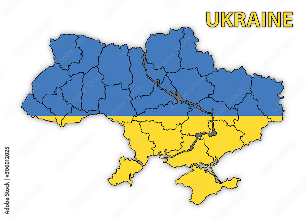 Detailed map of Ukraine with country flag and shadow. Vector illustration