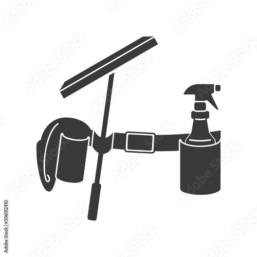 Window cleaning or washing belt icon with spray bottle and squeegee in vector