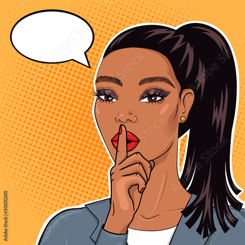 African american businesswoman in pop art retro cimic style with finger on lips for quiet please, stop talking, keeping business secret strategy