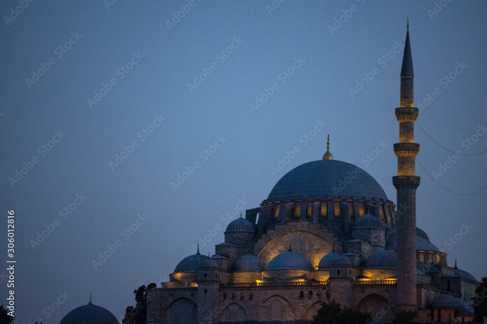 Istanbul, Turkey, Middle East: night skyline of the city with view of the illuminated Suleymaniye mosque, Ottoman imperial mosque commissioned by Suleiman the Magnificent and designed by Mimar Sinan