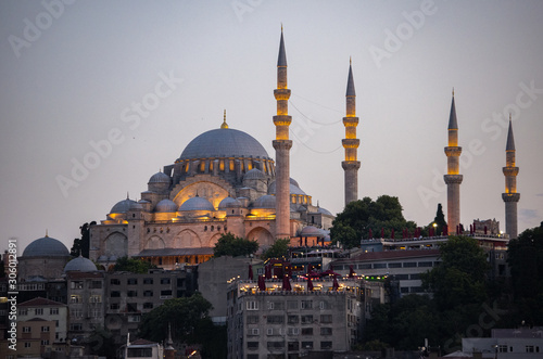 Istanbul, Turkey, Middle East: night skyline of the city with view of the illuminated Suleymaniye mosque, Ottoman imperial mosque commissioned by Suleiman the Magnificent and designed by Mimar Sinan