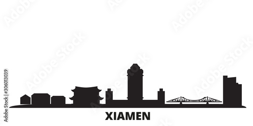 China, Xiamen city skyline isolated vector illustration. China, Xiamen travel cityscape with landmarks