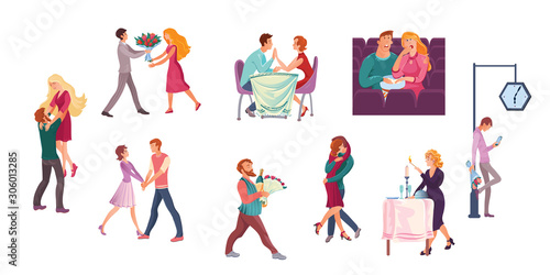 Set of couples on romantic dates in different situations. Vector illustration in flat cartoon style.