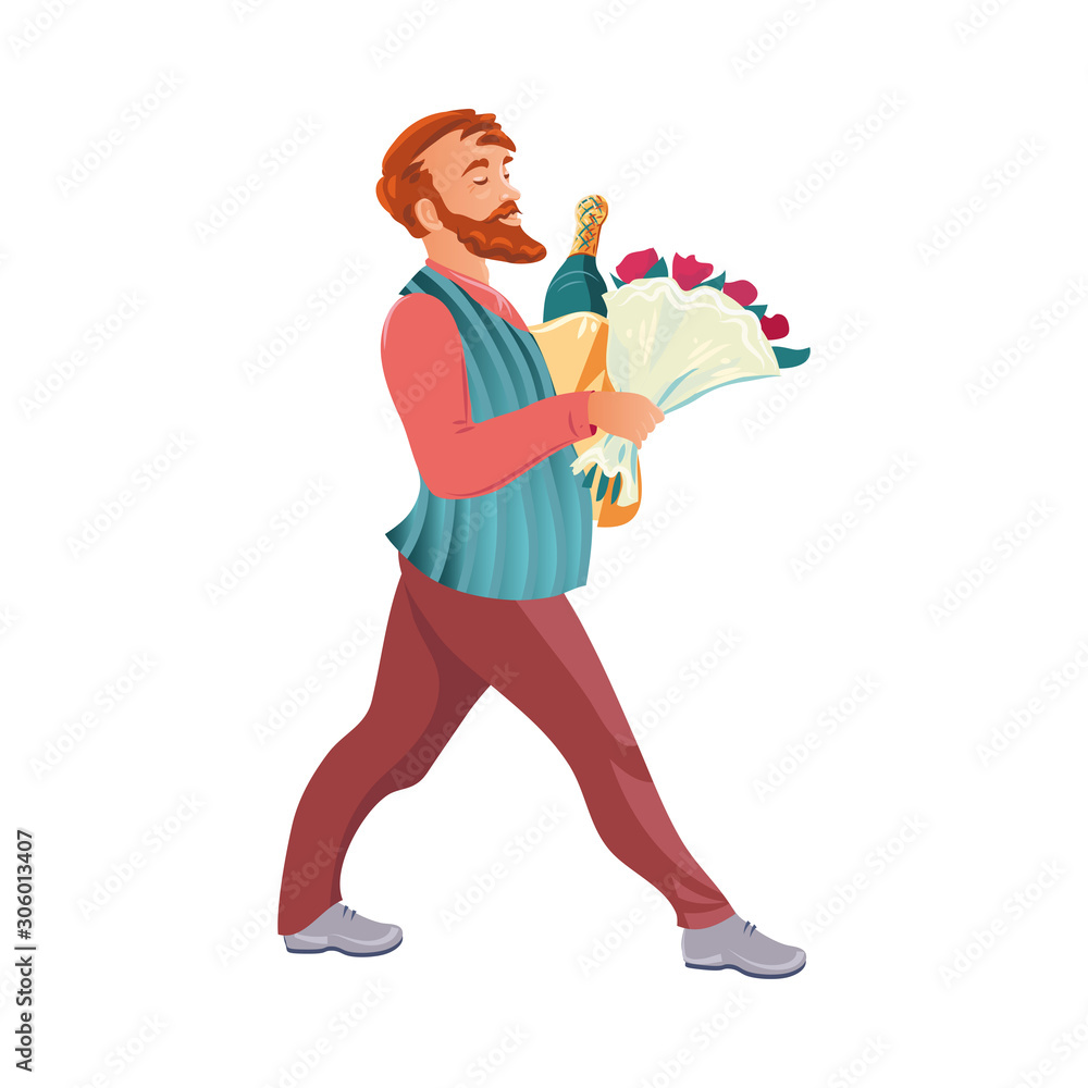 Bearded man with a bouquet of flowers and a bottle of champaign. Vector illustration in flat cartoon style.