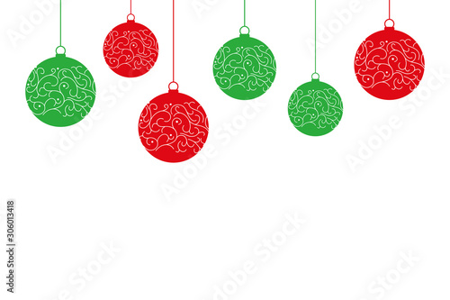 Green and red decorative Christmas balls, vector illustration