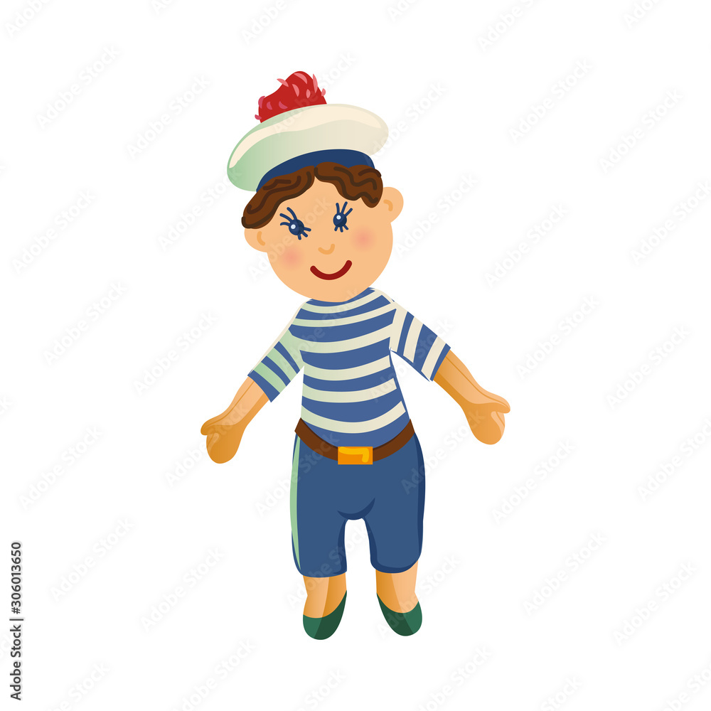 Cute happy smiling brown-haired boy doll in the clothes of a sailor. Vector illustration in flat cartoon style. Cute happy smiling brown-haired boy doll in the clothes of a sailor. Vector illustration in flat cartoon style.