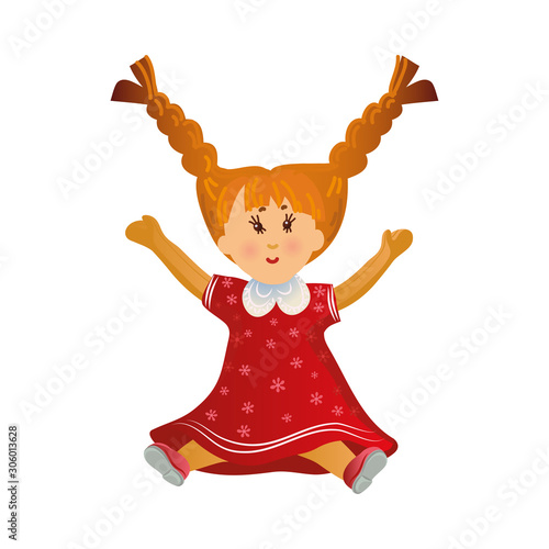 Cute happy smiling blonde girl doll with two long braids in the red dress. Vector illustration in flat cartoon style.