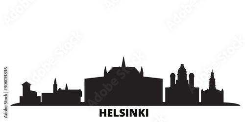 Finland, Helsinki city skyline isolated vector illustration. Finland, Helsinki travel cityscape with landmarks