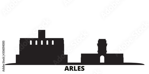 France, Arles city skyline isolated vector illustration. France, Arles travel cityscape with landmarks