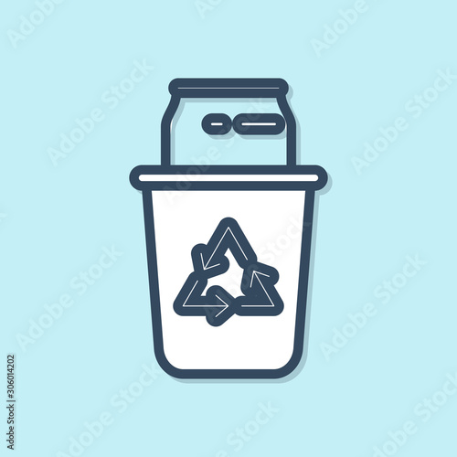 Blue line Recycle bin with recycle symbol and can icon isolated on blue background. Trash can icon. Garbage bin sign. Recycle basket sign. Vector Illustration