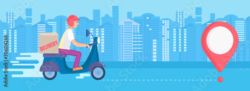Fast and free delivery service. Carry in short time on scooters.Food and other shipping apps for mobile and websites.Quick and express bike deliver. Advertise for restaurants, caffees,pizzerias.Vector