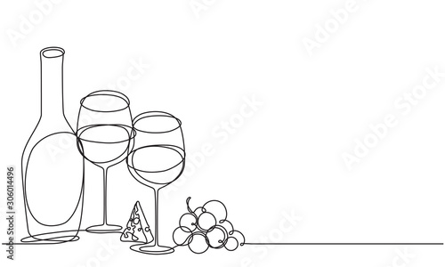Wine glasses and bottle of wine. Cheese, fruit, grape. Vector. Continuous line drawing. Doodle. Sketch