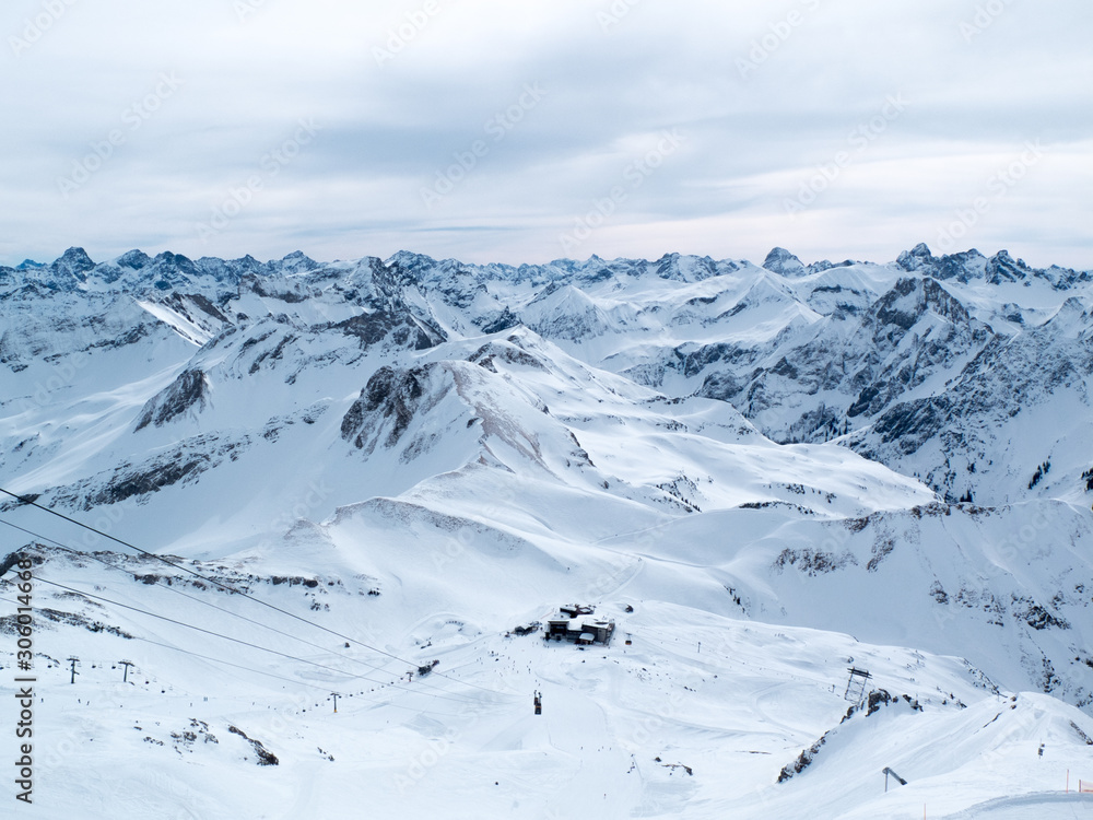 Panoramic view of the ski resort in Alps.