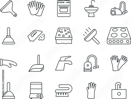 household vector icon set such as: mittens, wet, soapy, bucket, iron, sketch, draw, vintage, mitten, broomstick, wire, cloth, bakery, multiple, style, potholder, soap, solid, smoothing, sponge, hole