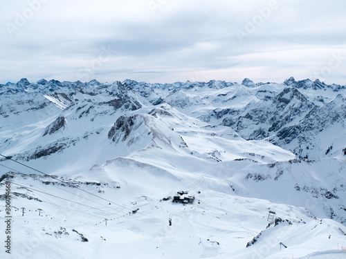 Panoramic view of the ski resort in Alps.