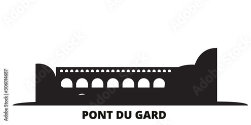 France, Pont Du Gard city skyline isolated vector illustration. France, Pont Du Gard travel cityscape with landmarks