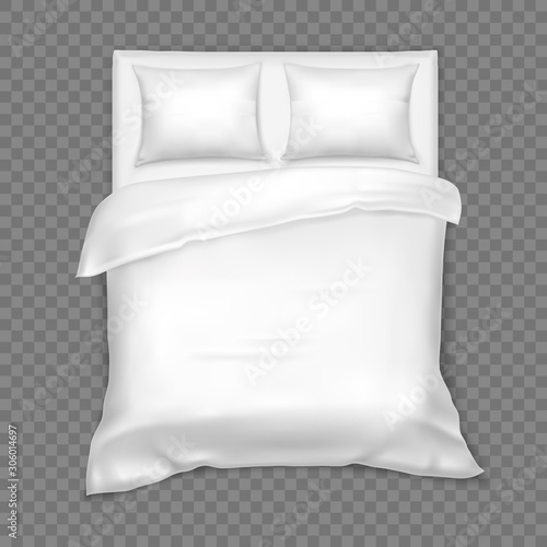 Top view on double bed with matress, white linen