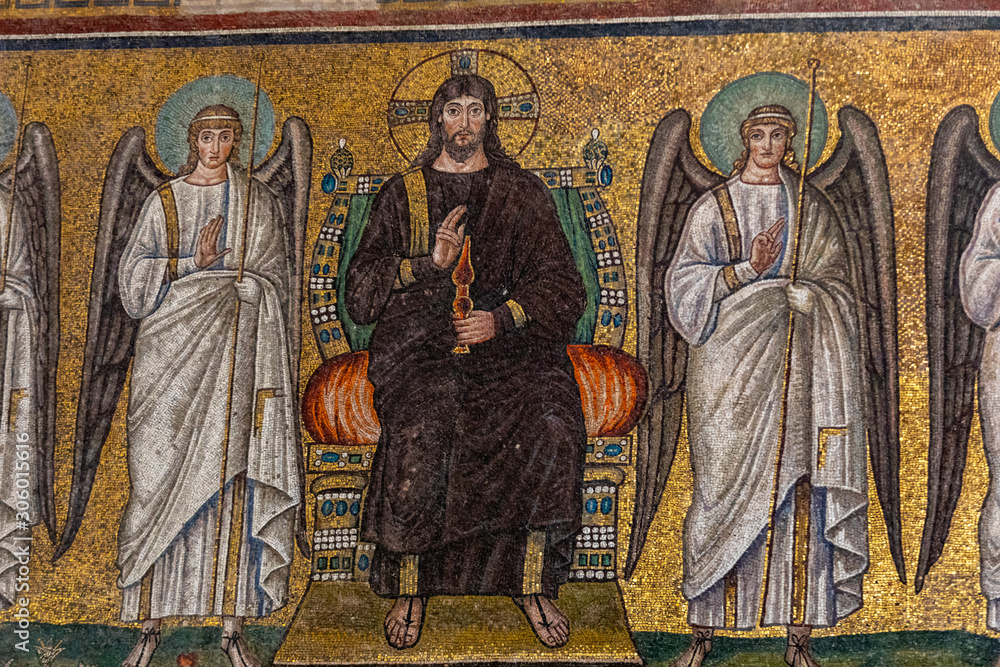  Mosaic of the enthroned Christus with four vanguard angels in Basilica of St Apollinare Nuovo in Ravenna, Italy