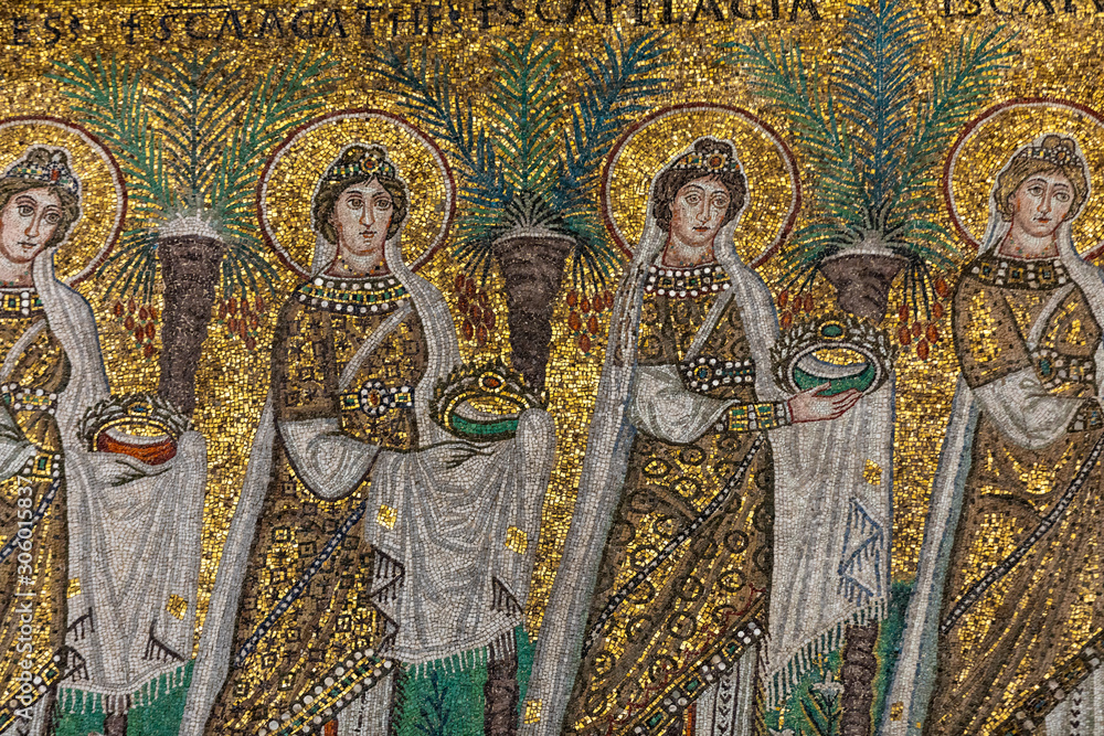  Mosaics on the side wall in Basilica of St Apollinare Nuovo in Ravenna, Italy