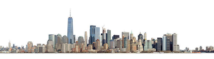 High resolution panoramic view of Lower Manhattan from the Ellis Island - isolated on white. Clipping path included.