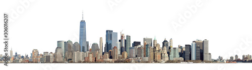 High resolution panoramic view of Lower Manhattan from the Ellis Island - isolated on white. Clipping path included.
