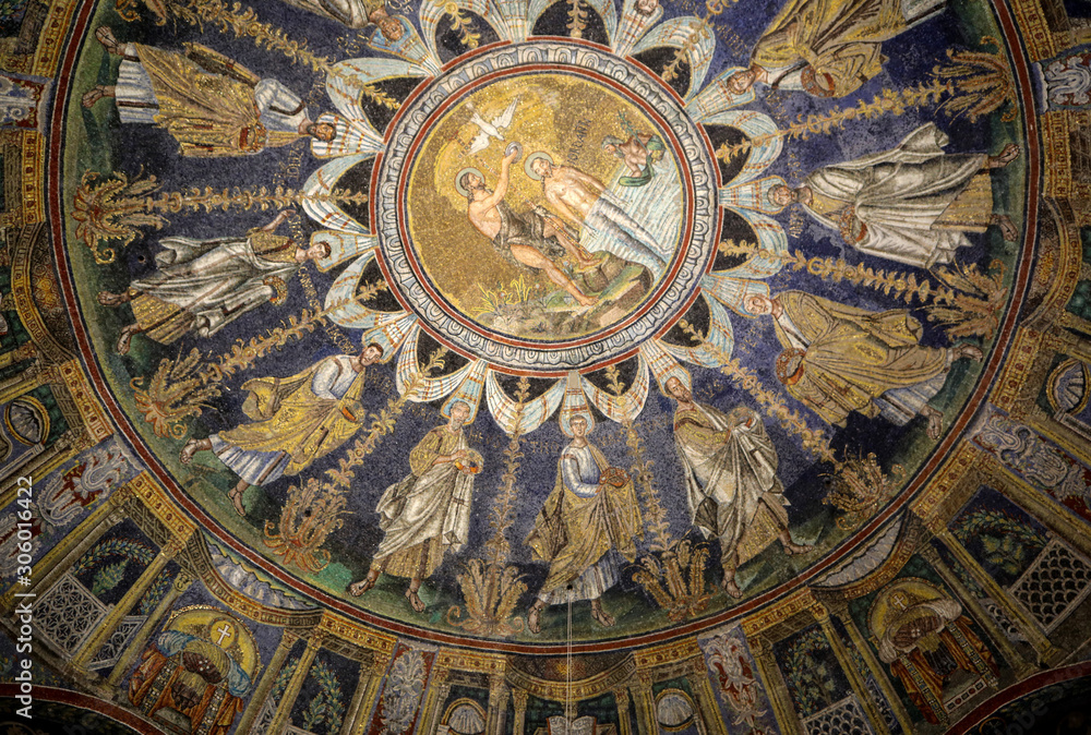The ceiling mosaic in the Baptistry of Neon in Ravenna. Italy